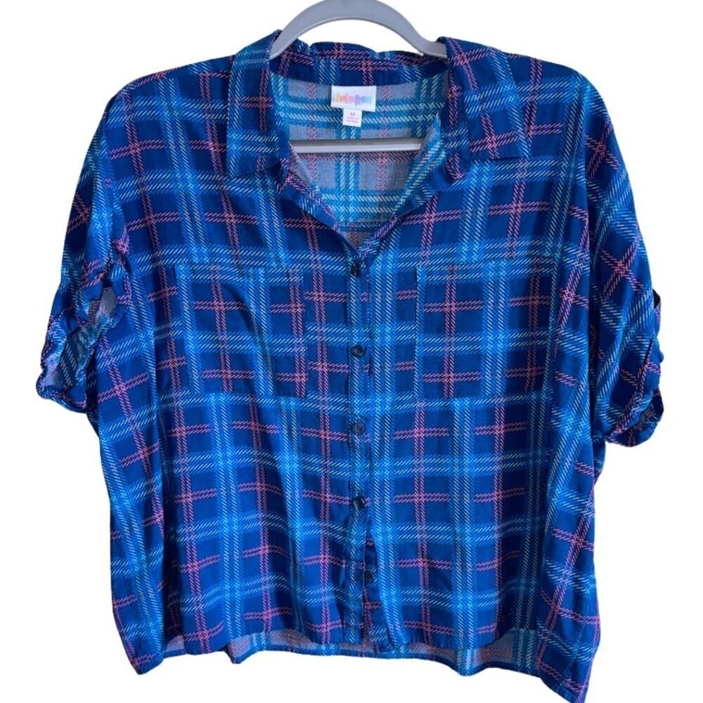 Lularoe Blue Pink Plaid Buttonup Shirt
